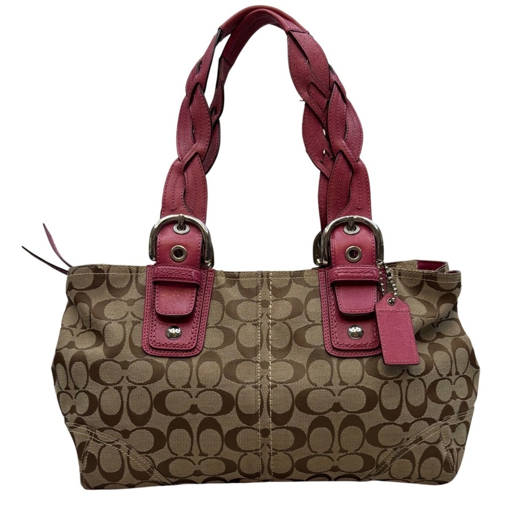 Y2k Coach Soho Signature Tote Khaki Berry Pink Braided Leather Handbag Read